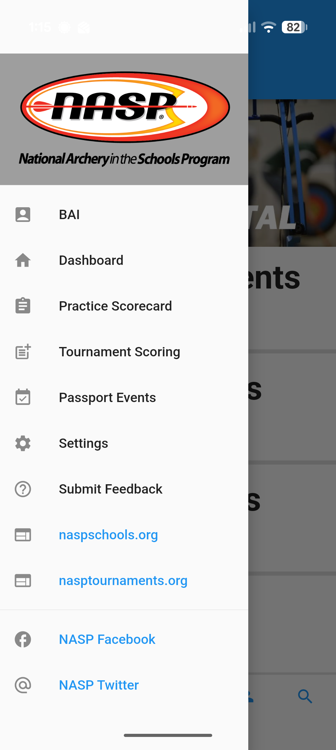 NASP Portal app menu with the Tournament Scoring option