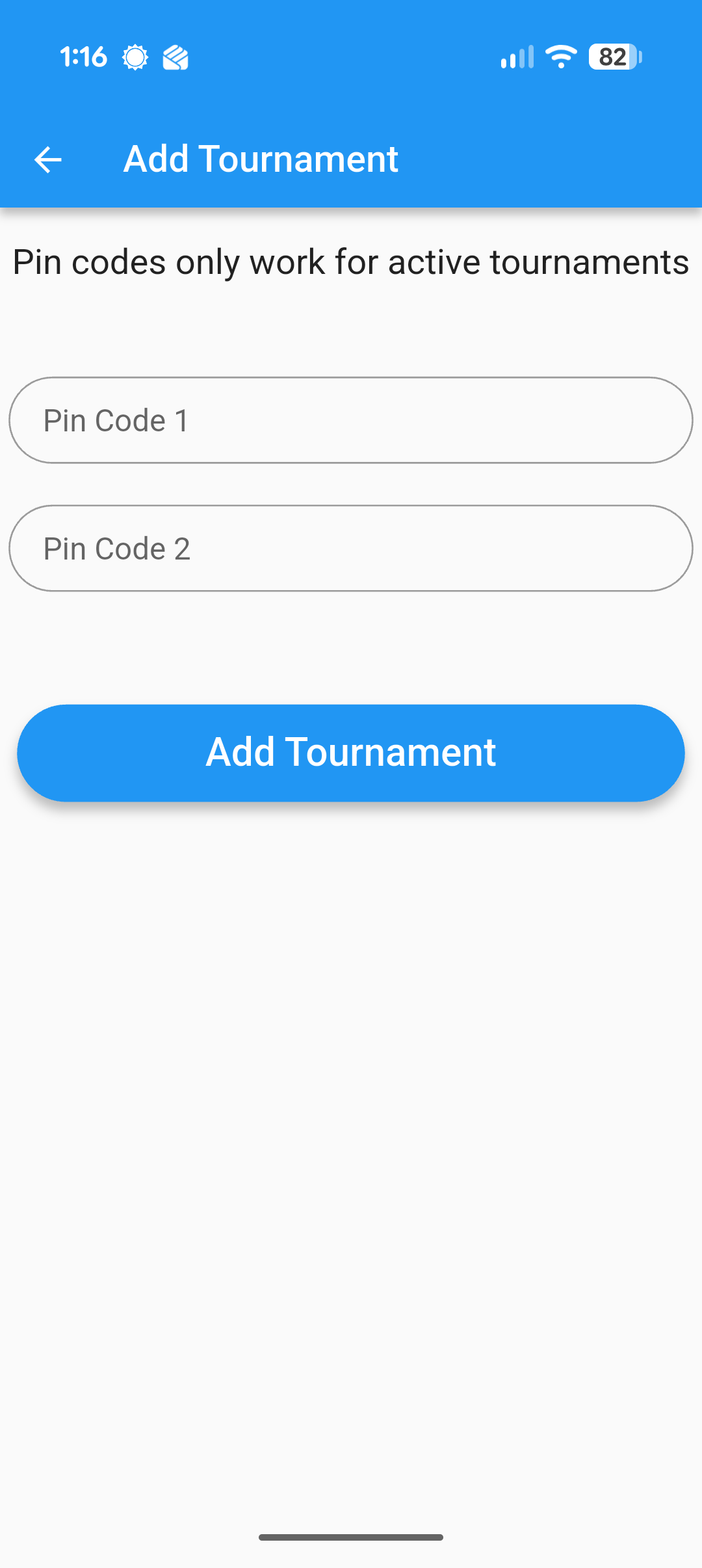Add Tournament screen with the Add Tournament button