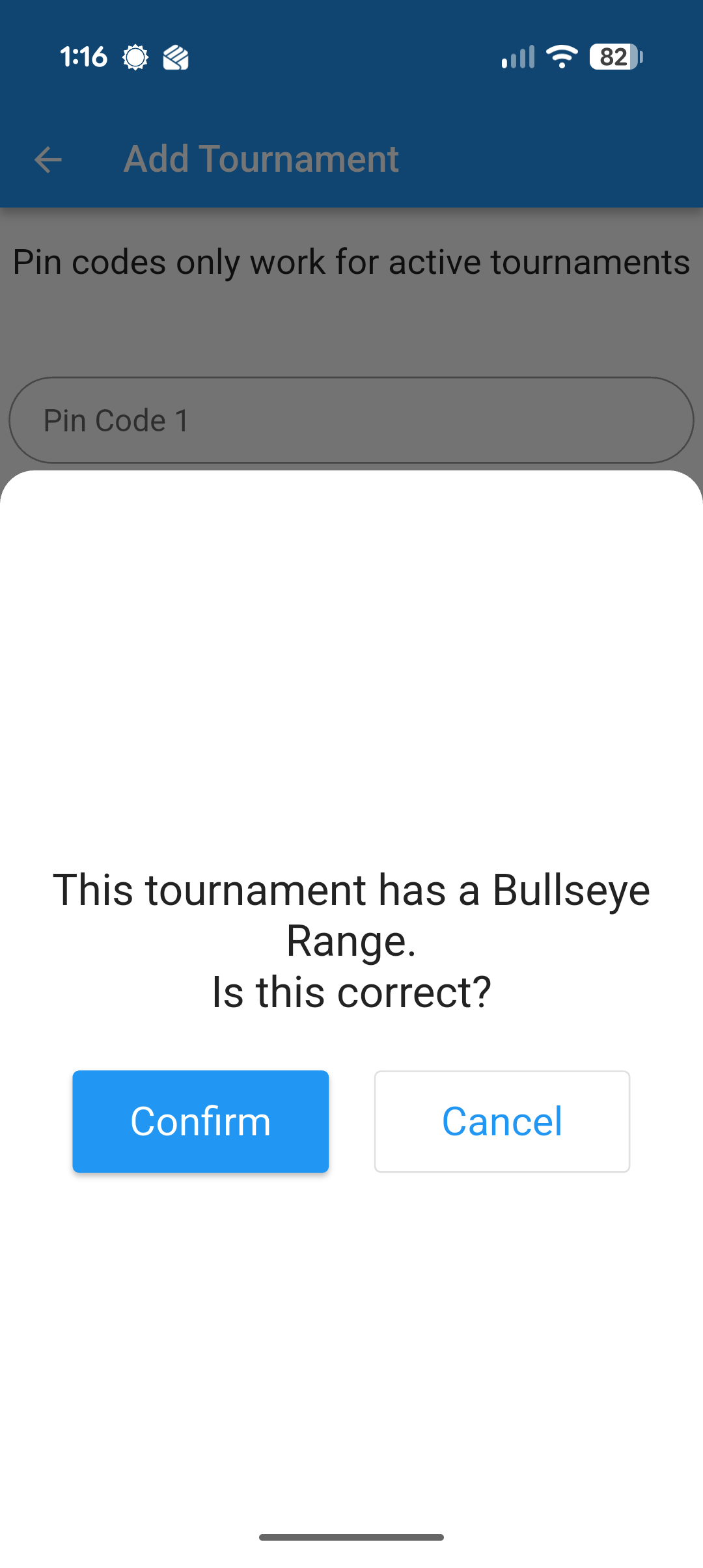 Prompt to confirm the tournament's range type