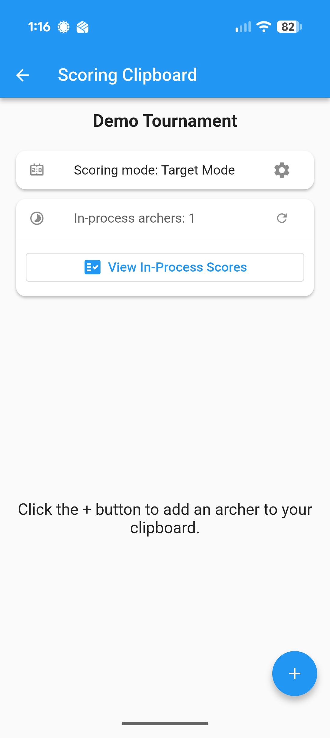 Scoring Clipboard screen with the add archer button