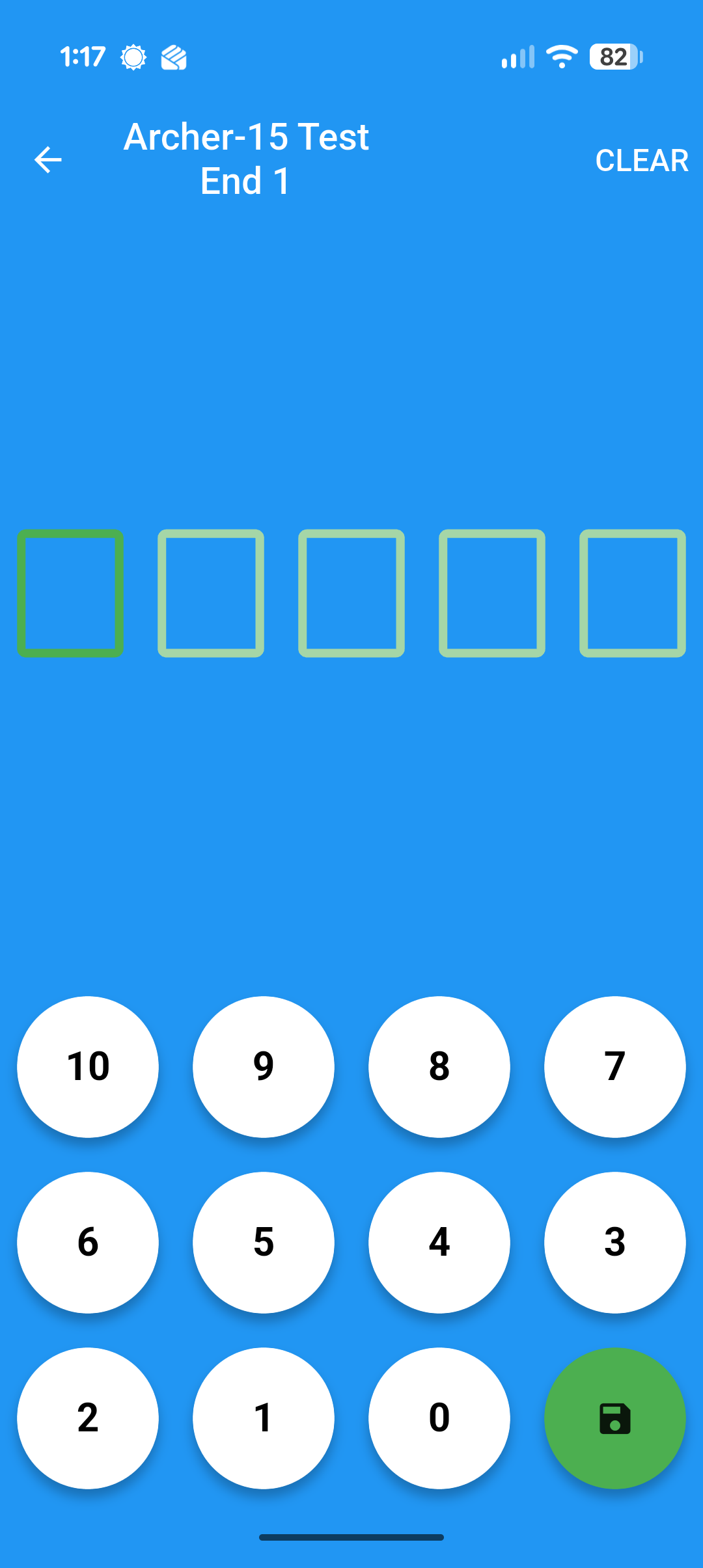 End scoring screen with five empty arrow-value boxes