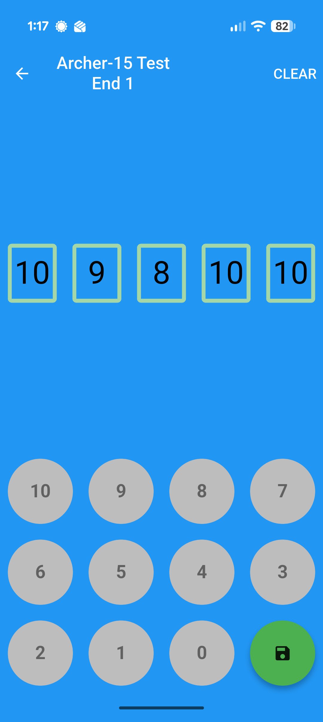 End scoring screen with all five arrow values entered