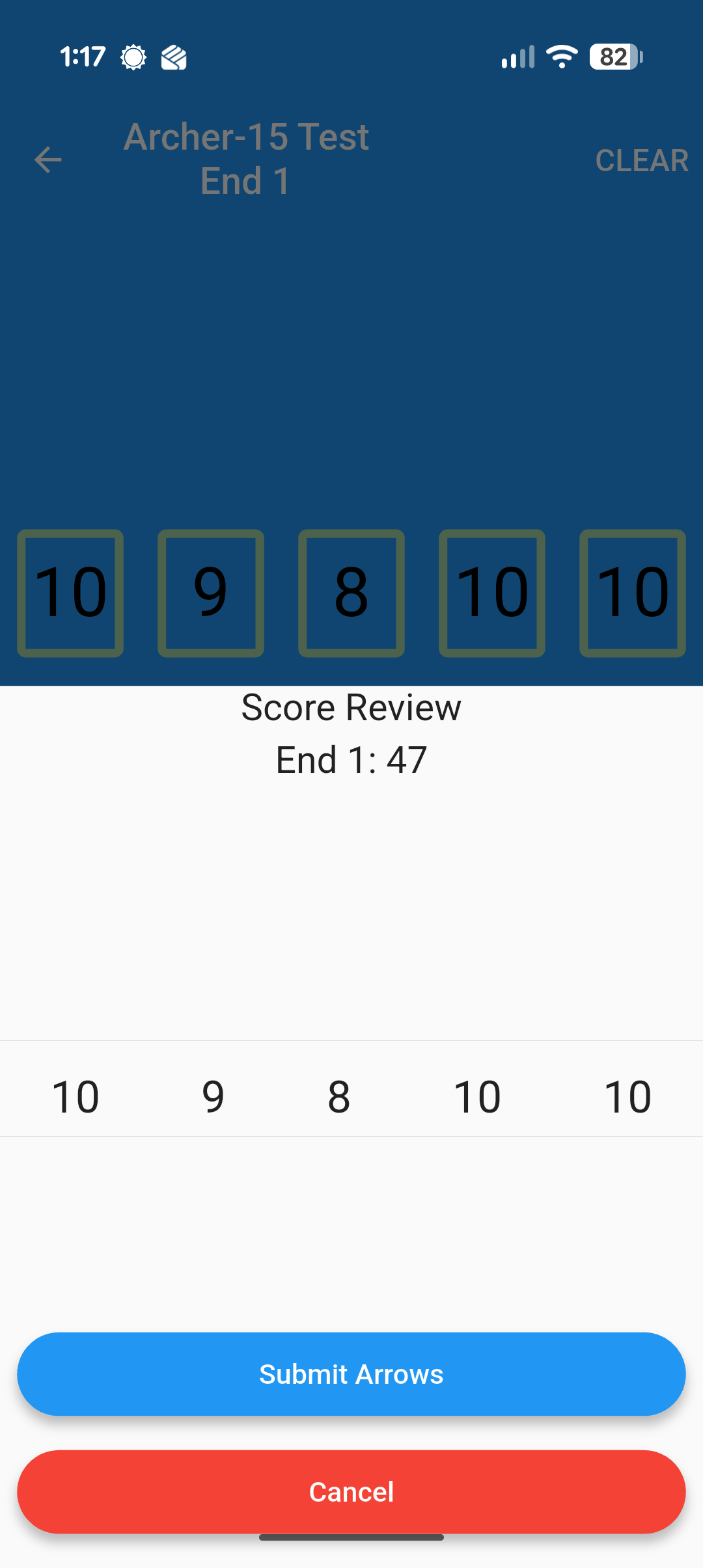 Score Review screen showing five arrow values and the end total