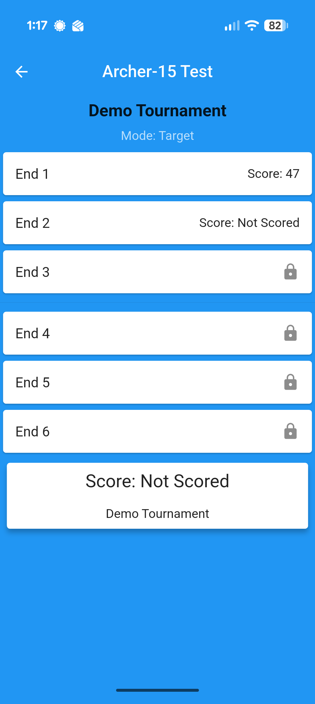Archer scorecard showing a submitted first end and an available second end