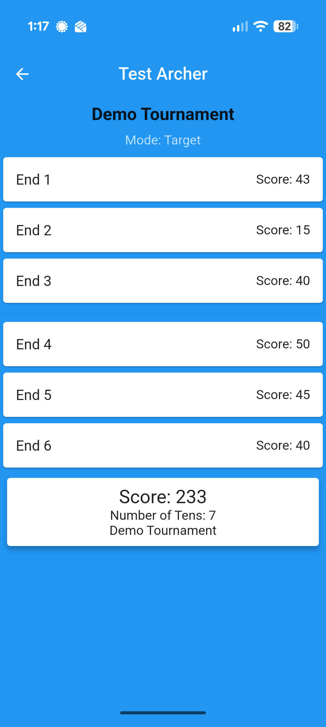 Completed archer scorecard showing all six ends, the final score, and the number of tens